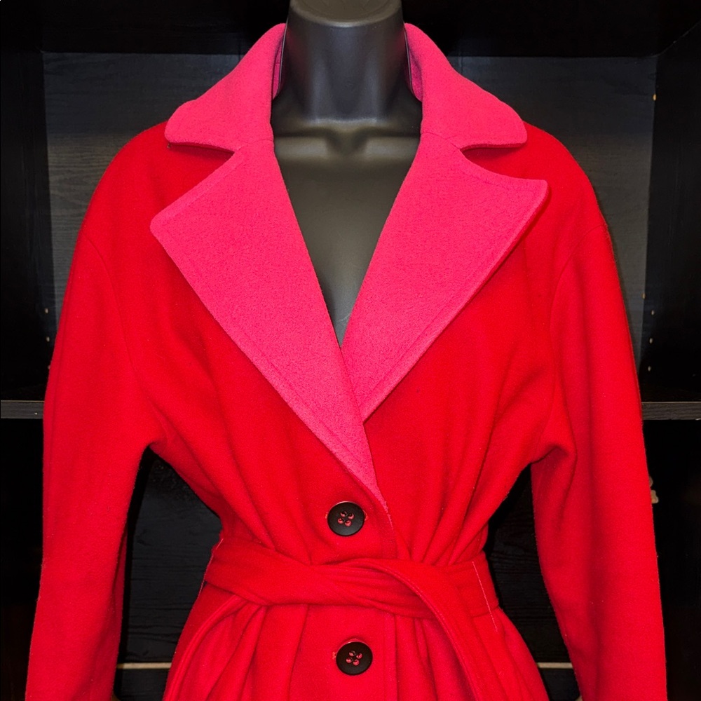 Bebe Red Coat with Pink Collar Belted Trench Coat